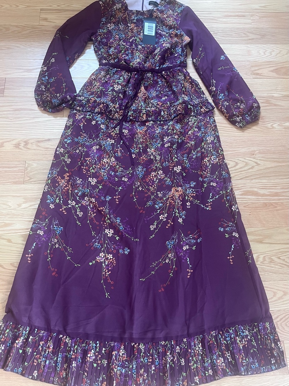 Annah Hariri Floral Long-Sleeve Maxi Dress in Deep Purple size 4